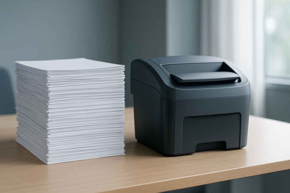 A tall neat stack of white office documents on a clean desk beside a closed loading tray in a bright modern office, illustrating hands-off auto feed paper shredding