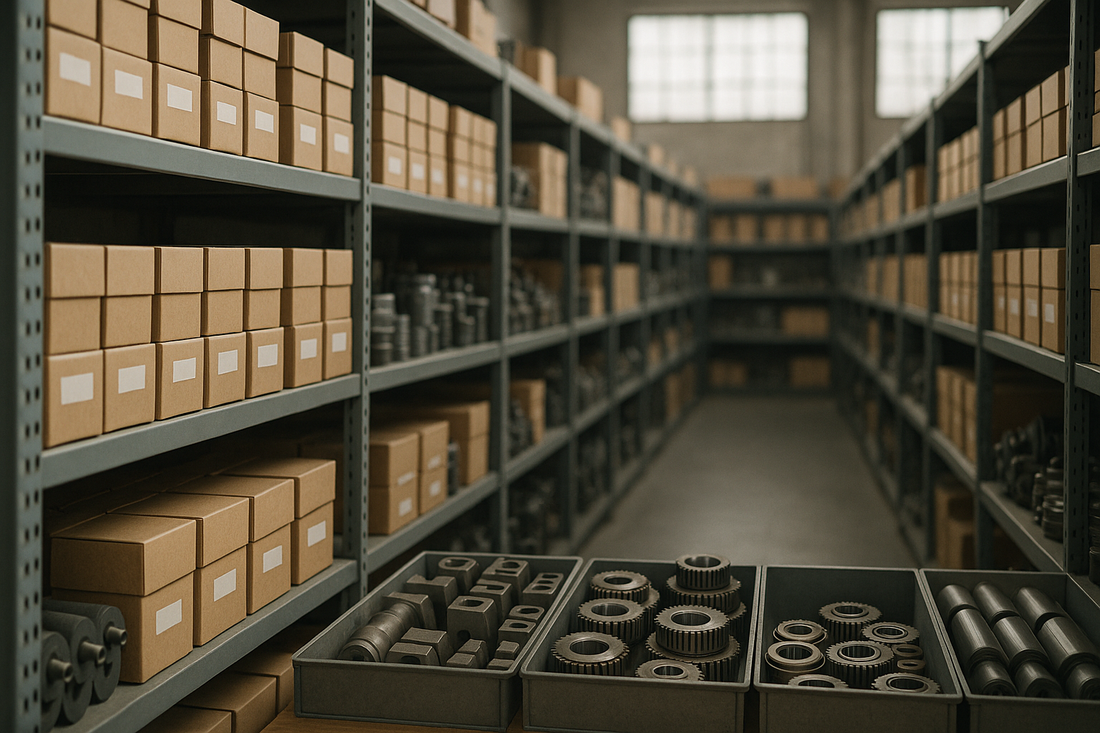 Steel shelving in a parts warehouse stocked with labeled boxes of machine components, rollers and gears