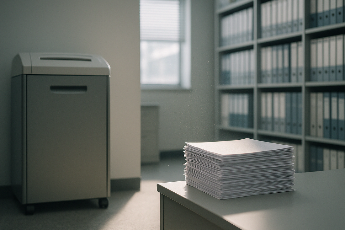 Sunlight through an office records room window catching fine paper dust in the air above a stack of documents beside a shredder cabinet